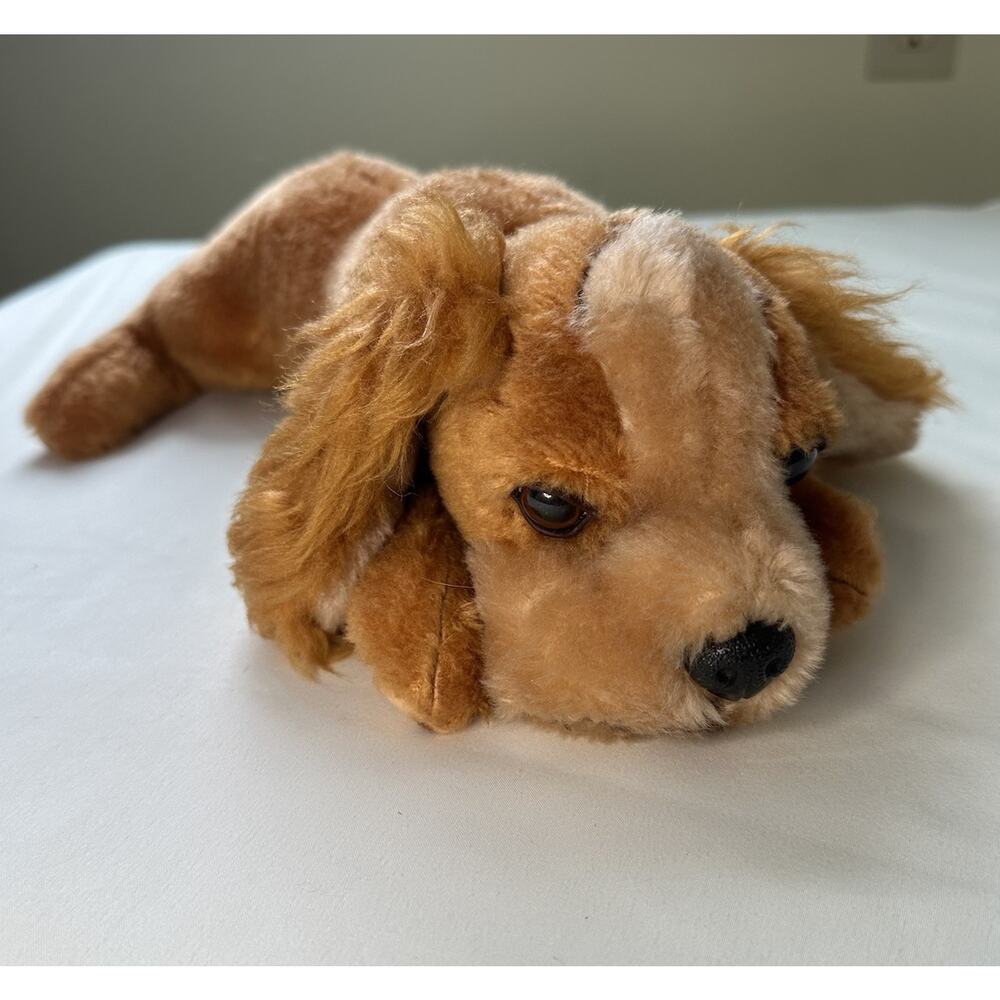 Vintage Russ Dog Plush 14” Laying Puppy Gold Collar Stuffed Animal Korea 1980s